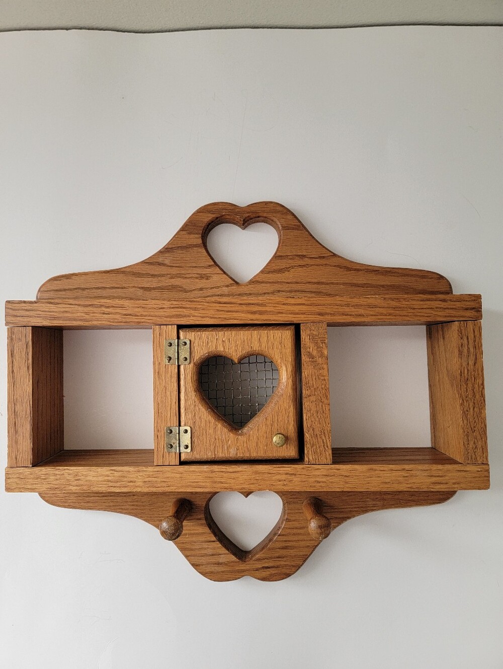 Vintage 80s Heart Cutout Cubbies Pegs Wall Trinket Knick Knack Oak Wood Shelf